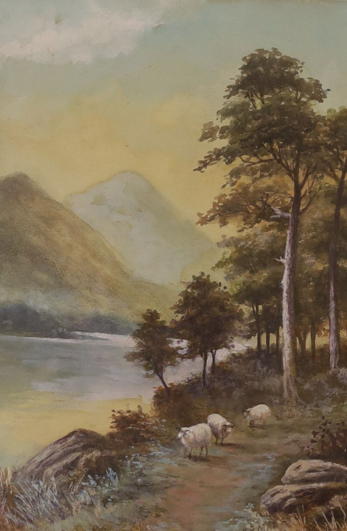 G.F. Marston, pair of watercolours, Sheep and cattle beside lochs, signed and dated 1918, 23 x 16cm